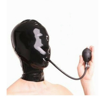 latex hood with inflatable mouth gag