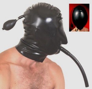 latex inflatable hood with mouth gag and tube