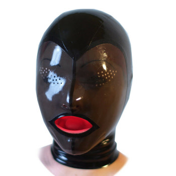 latex hood with mouth condom and eye perforations