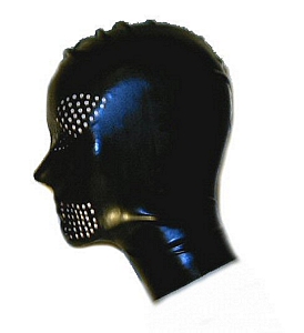 latex hood with eye and mouth perforations